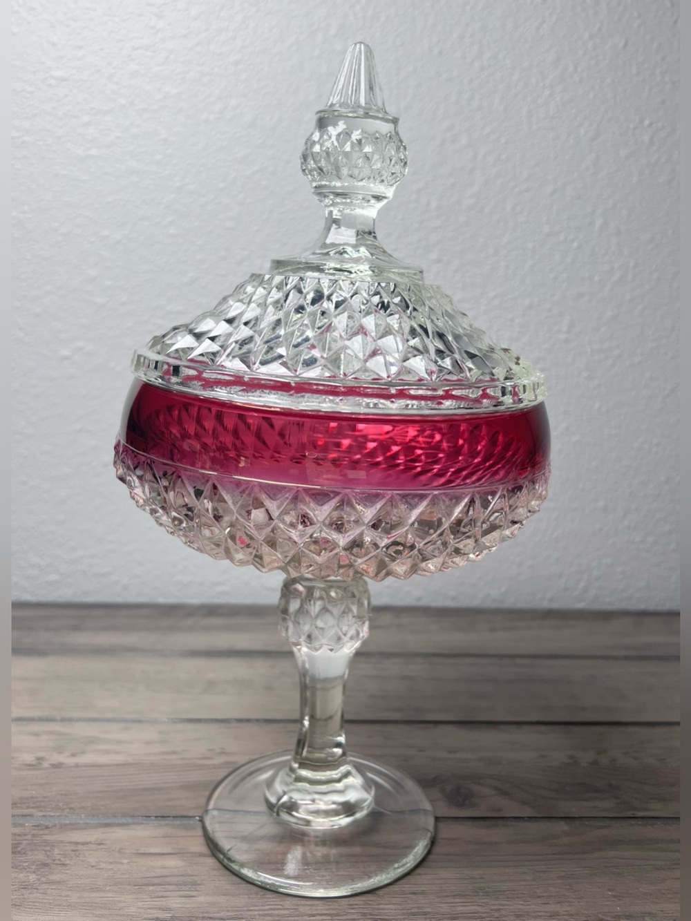 Vintage Indiana Glass Diamond Point Ruby Flash 2-Pc Lidded Candy Dish Compote